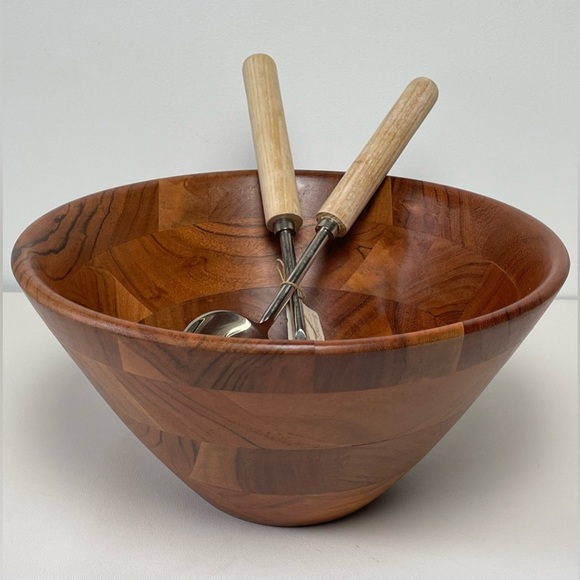 William Sonoma Wood Salad Bowl With 2 servers spoon set - Picture 4 of 9